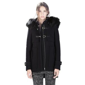 Zara Wool Duffel Black Coat Faux Fur Trim Hood Buckle Size S